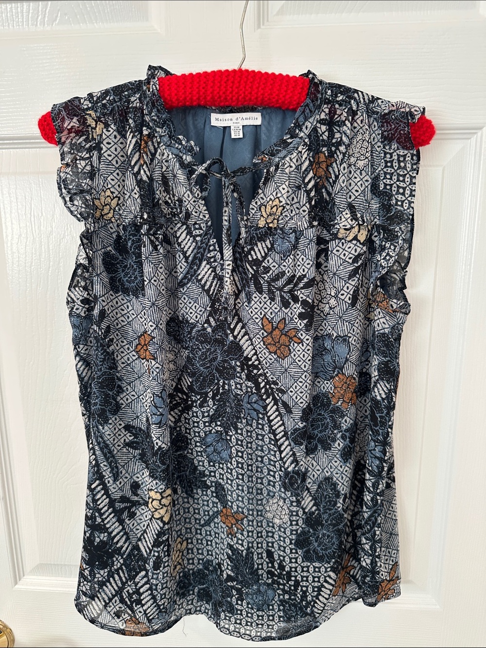 Navy and Gray Floral Tie-Neck Sleeveless Top Size Medium